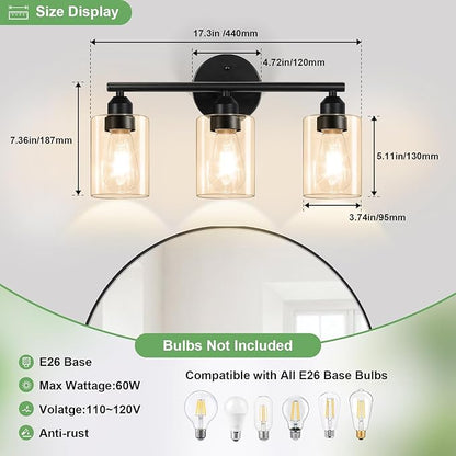 3-Light Bathroom Vanity Light Fixture, Modern Wall Lamp for Mirror with Clear Amber Glass Shade and Black Finish