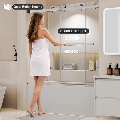 Frameless Sliding Bathtub Shower Door 60" W x 60" H, 1/4" (6mm) Clear Tempered Glass Tub Shower Door, Double Sliding Glass Shower Door with Full Stainless Steel Hardware, Brushed Nickel