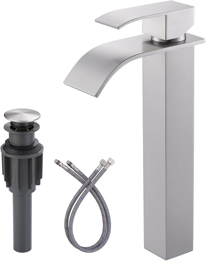 Vessel Sink Faucet Brushed Nickel: ARCORA Single Hole Tall Bathroom Faucet, Single Handle Tall Waterfall Bathroom Faucet with Pop Up Drain and cUPC Supply Lines