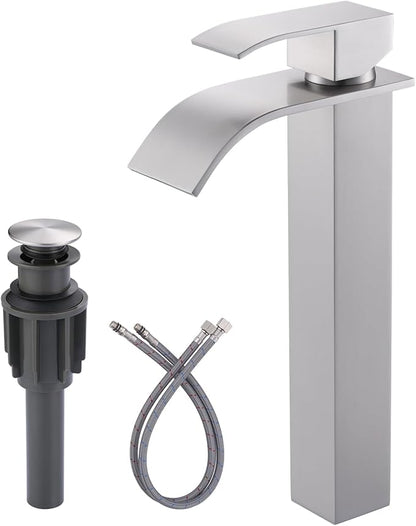 Vessel Sink Faucet Brushed Nickel: ARCORA Single Hole Tall Bathroom Faucet, Single Handle Tall Waterfall Bathroom Faucet with Pop Up Drain and cUPC Supply Lines