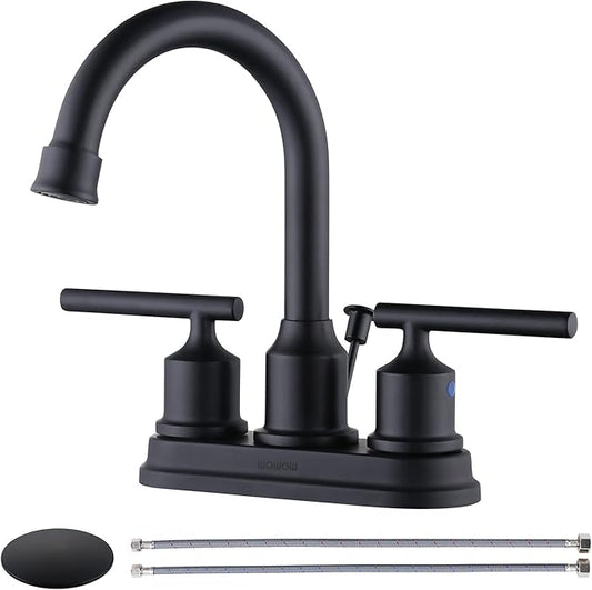 WOWOW Black Centerset Bathroom Faucet - 2 Handle 4 Inch Basin 3 Hole Modern Vanity Sink Faucet for RV With Lift Rod Drain Stopper and Supply Hoses