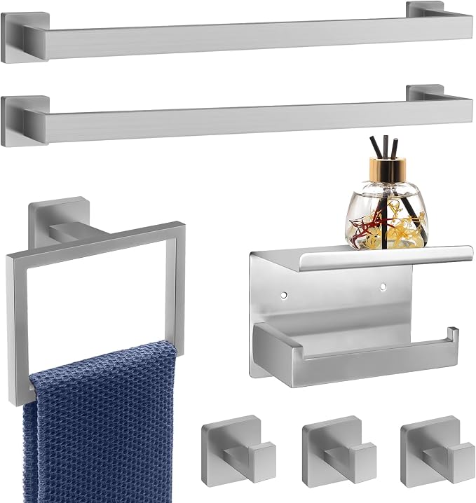 Dorudon atrox 7-Piece Bathroom Hardware Set Brushed Nickel Towel Bar Set with Towel Rack, 2 Square 23-Inch Towel Bars and Stainless Steel Bathroom Accessories Wall Mounted