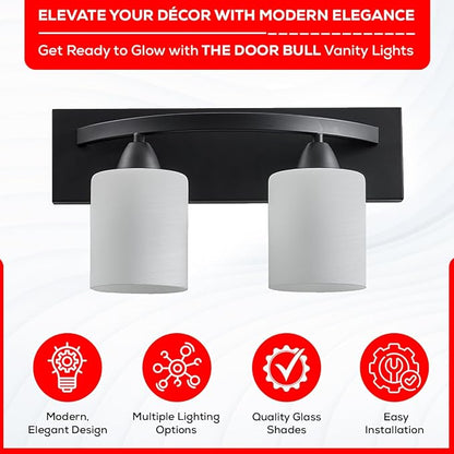Hollywood Style Modern Wall Mount Lighting, Bathroom Vanity Light Bar, Interior Fixtures with Modern Glass Shade, Lights Over the Mirror (Matte Black, 2-Lights)