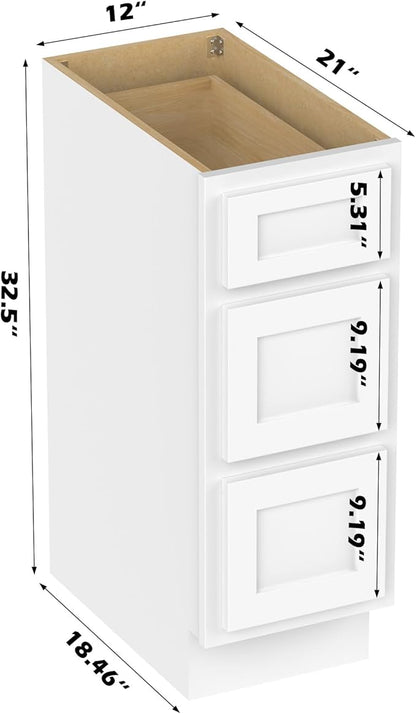 Vanity Art 12 Inch Bathroom Vanity Small Base Cabinet with 3 Soft Closing Shaker Drawers, Strudy Floor Mount Cabinets for Storage Shaving, Washroom Accessories, VA4012-3W