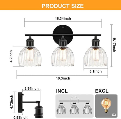 Bathroom Light Fixtures, 3-Light Brushed Black Vanity Lights for Bathroom with Clear Tulip Glass Shade, 20" Vintage Bathroom Vanity Lighting Fixtures Over Mirror for Bedroom Living Room Hallway