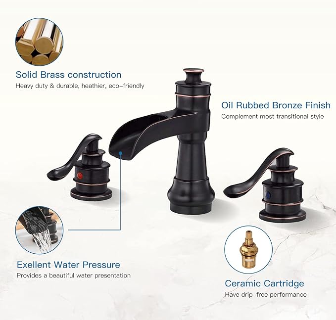 BWE Waterfall Widespread Bathroom Faucet 3 Hole Oil Rubbed Bronze Farmhouse 8 Inch Pop Up Drain Stopper Assembly Overflow Supply Line Faucets Parts Two Handle Bath Vanity Lavatory Sink