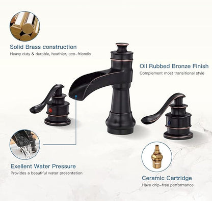BWE Waterfall Widespread Bathroom Faucet 3 Hole Oil Rubbed Bronze Farmhouse 8 Inch Pop Up Drain Stopper Assembly Overflow Supply Line Faucets Parts Two Handle Bath Vanity Lavatory Sink