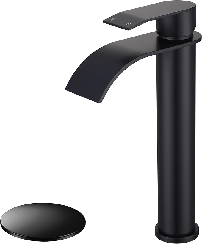 Matte Black Vessel Sink Faucet, High Bathroom Bowl Sink Faucet, Tall Waterfall Bathroom Faucet Single Handle with Hot and Cold Water Hose and Metal Drain
