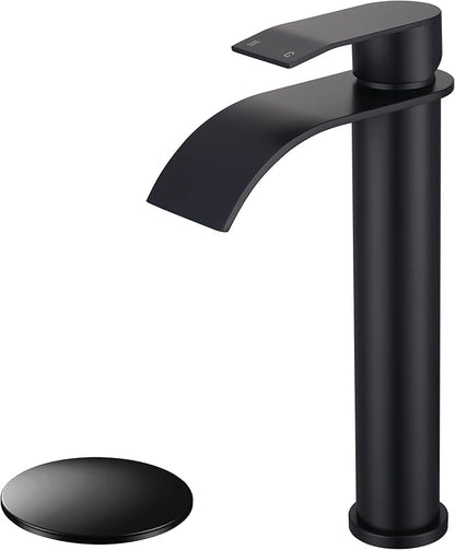 Matte Black Vessel Sink Faucet, High Bathroom Bowl Sink Faucet, Tall Waterfall Bathroom Faucet Single Handle with Hot and Cold Water Hose and Metal Drain