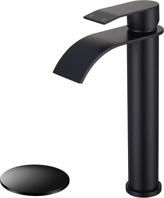 Matte Black Vessel Sink Faucet, High Bathroom Bowl Sink Faucet, Tall Waterfall Bathroom Faucet Single Handle with Hot and Cold Water Hose and Metal Drain