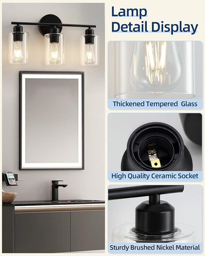 3 Light Bathroom Vanity Light, Black Vanity Lights for Bathroom, Modern Light Fixtures Over Mirror with Clear Glass Shade, Wall Sconce Lighting for Bedroom Living Room Hallway