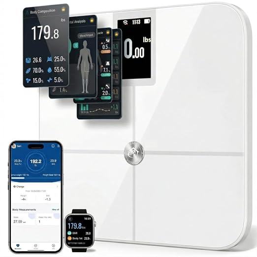 Premium Smart Digital Body Weight Scale - 4 Electrodes – 25+Metrics -Rechargeable- WiFi & Bluetooth - Full Body Analysis -Track Body Fat, Muscle Mass, Fat Percentage, Sleek Design