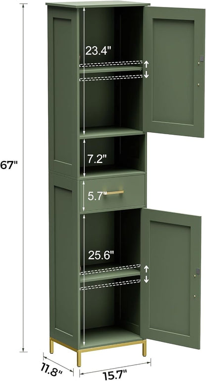 Homhedy 67" H Bathroom Storage Cabinet, Tall Bathroom Cabinet, Green | Narrow Cabinet with Doors and Drawer, Adjustable Shelves, Floor Cabinet for Bathroom, Living Room, Kitchen, Dining Room
