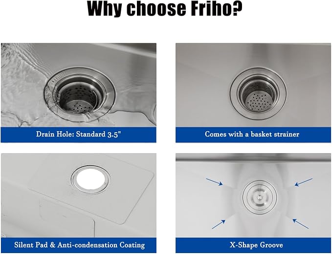 Friho 30x18 Inch Drop In Kitchen Sink, Top Mount Silver SUS304 Stainless Steel Single Bowl, 18 Gauge Handmade Sink