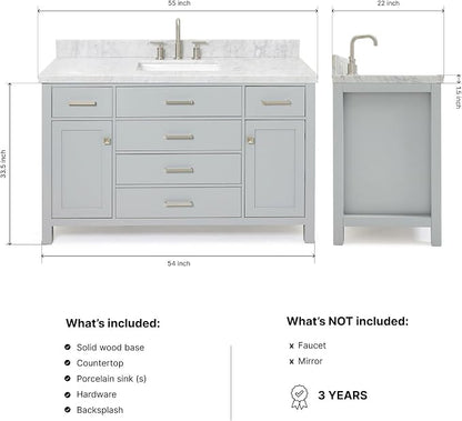 Alenza 54" Grey Bathroom Vanity with Sink, 1.5" Italian Carrara Marble Countertop, Rectangular Undermount Sink, 2 Soft Closing Doors, 5 Dovetail Drawers