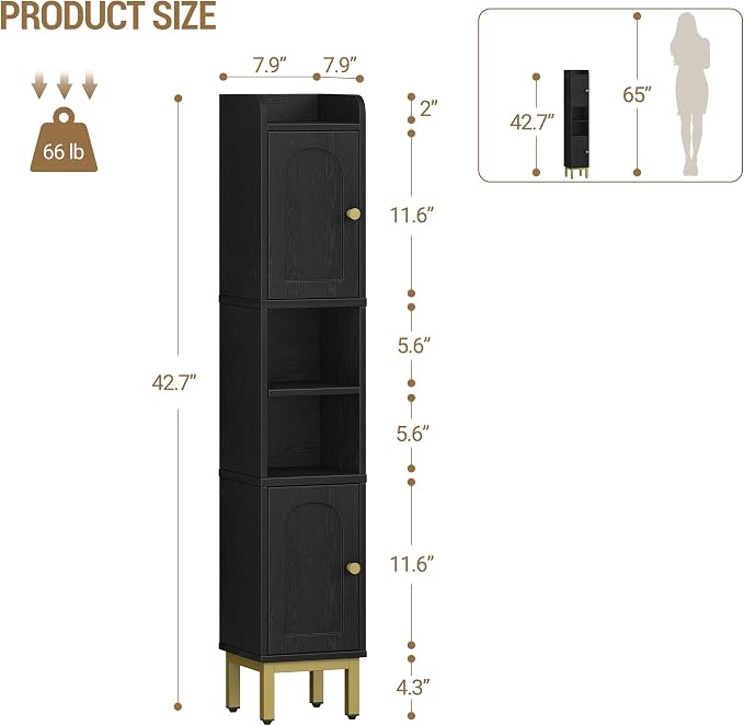 Hzuaneri Slim Bathroom Storage Cabinet, Narrow Bathroom Organizers,2 Doors | Narrow Bathroom Storage with 4 Adjustable Feet, Laundry Room Organization for Small Space,Kitchen, Black BC22404G