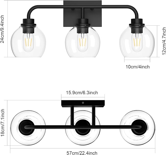Tipace Black Industrial Bathroom Vanity Light Fixtures Over Mirror Glass Globe 3 Lights Vintage Vanity Lights Farmhouse Bath Lighting(Exclude Bulb)