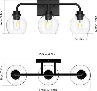 Tipace Black Industrial Bathroom Vanity Light Fixtures Over Mirror Glass Globe 3 Lights Vintage Vanity Lights Farmhouse Bath Lighting(Exclude Bulb)