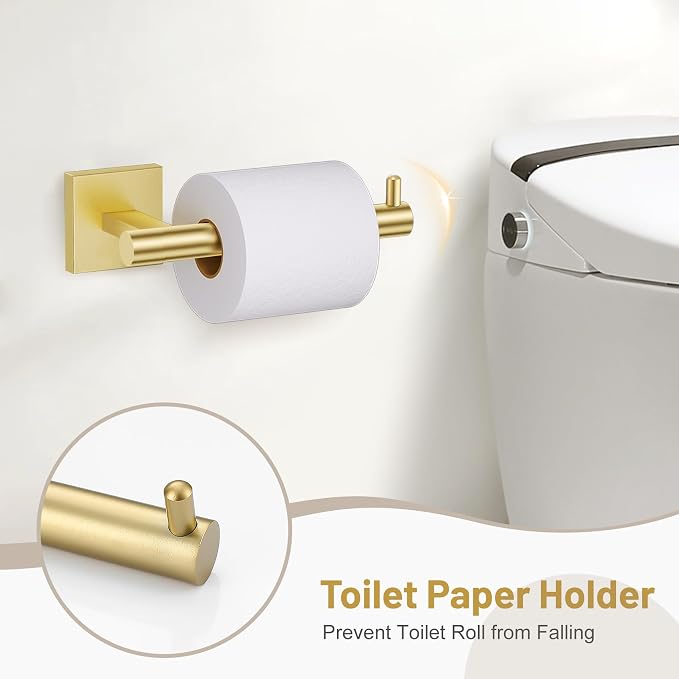 5 Pieces Bathroom Hardware Set Brushed Gold Towel Bar Set Includes 23.6” Towel Bar, Towel Ring Holder, Toilet Paper Holder and Two Towel Hooks, Bathroom Accessories Set SUS304 Wall Mounted