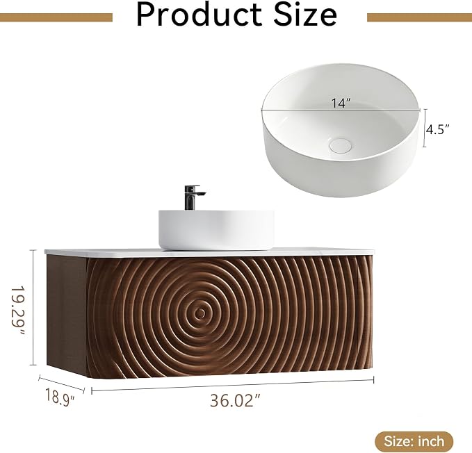 36" Floating Bathroom Vanity with Sink, Mid-Century Wall Mounted Bathroom Vanity Cabinet with Waved Decor, Ceramic Vessel Basin, Sintered Stone Top, Soft Close Storage Drawer, Walnut