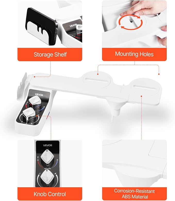 VEVOR Bidet Attachment for Toilet, Hot & Cold Non-Electric Water Sprayer - Dual Retractable Nozzles, Adjustable Water Pressure, 0.3’’ Ultra Thin Bidet Toilet Seat Attachment for Rear and Feminine Wash