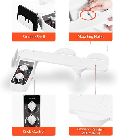 VEVOR Bidet Attachment for Toilet, Hot & Cold Non-Electric Water Sprayer - Dual Retractable Nozzles, Adjustable Water Pressure, 0.3’’ Ultra Thin Bidet Toilet Seat Attachment for Rear and Feminine Wash