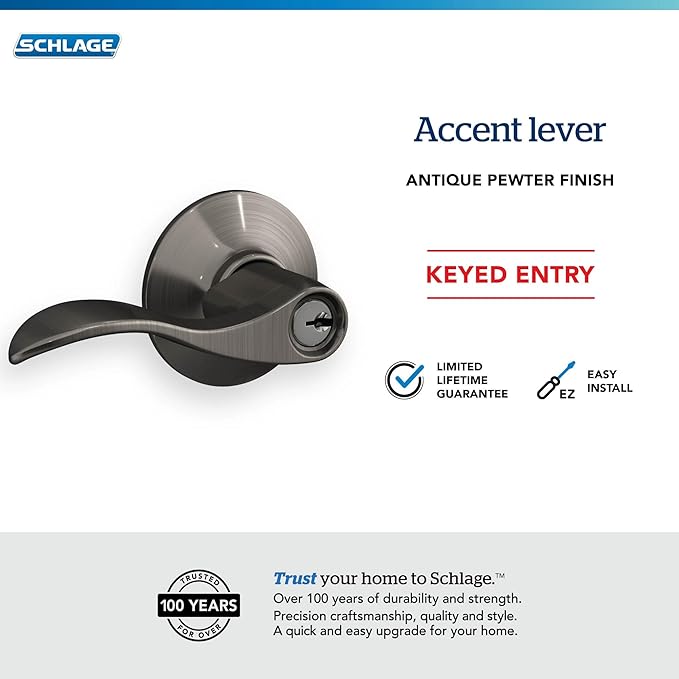 SCHLAGE F51A ACC 620 Accent Keyed Lever, Antique Pewter