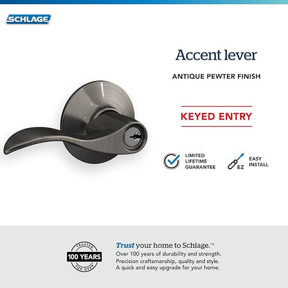 SCHLAGE F51A ACC 620 Accent Keyed Lever, Antique Pewter