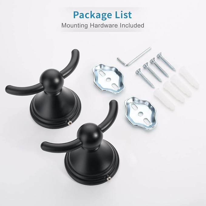FILTA Bathroom Towel Hooks, Matte Black Robe & Towel Hooks for Wall Mounted, Traditional Towel and Robe Hooks for Hanging Towels, Bath Towel Holder for Shower(2 Pack)