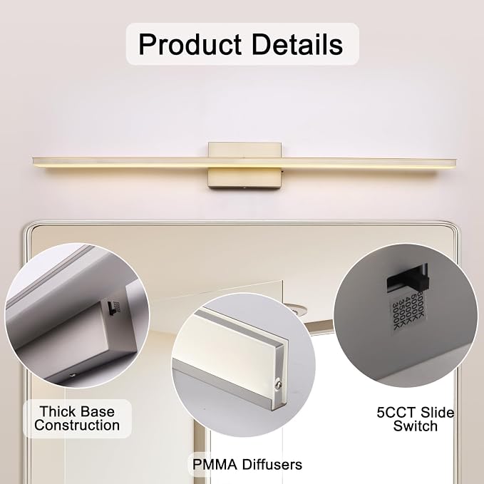 39.4 inch Brushed Nickel Bathroom Vanity Light Bar 5CCT Dimmable Bathroom Light Fixtures Over Mirror Modern LED Vanity Lighting Bath Light