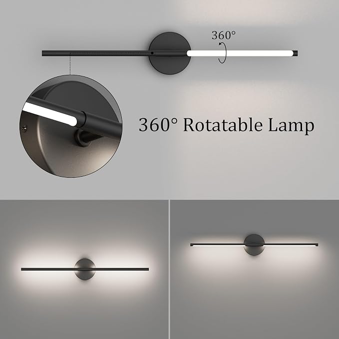 Modern Bathroom Vanity Light Bar 28inch Black LED Vanity Lighting Fixture 5000K Bathroom Sconce 360° Rotate