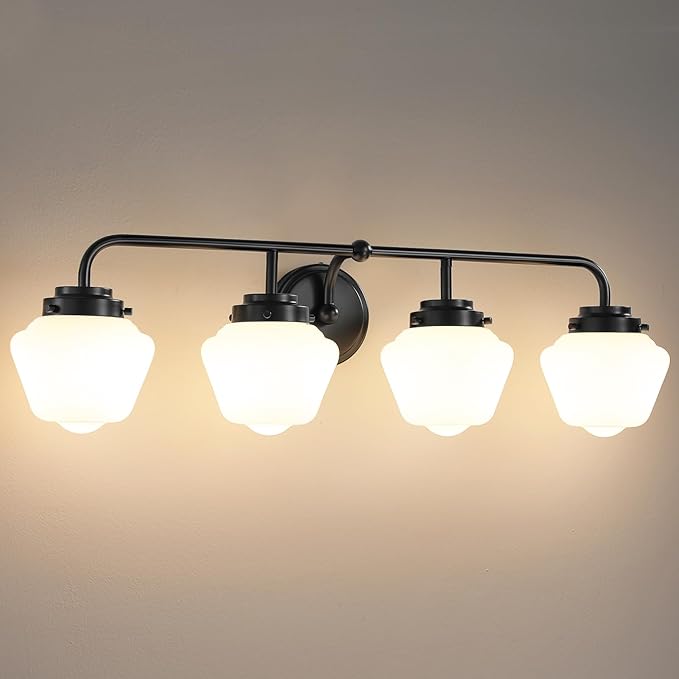Bathroom Vanity Light Fixtures: 4-Light Matte Black Bathroom Lighting Fixtures Over Mirrors, Farmhouse Rustic Wall Sconce with Milky White Glass for Bath Living Room Cabinet