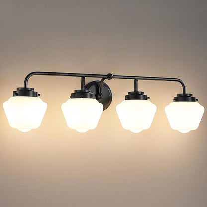 Bathroom Vanity Light Fixtures: 4-Light Matte Black Bathroom Lighting Fixtures Over Mirrors, Farmhouse Rustic Wall Sconce with Milky White Glass for Bath Living Room Cabinet