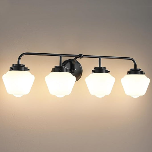 Bathroom Vanity Light Fixtures: 4-Light Matte Black Bathroom Lighting Fixtures Over Mirrors, Farmhouse Rustic Wall Sconce with Milky White Glass for Bath Living Room Cabinet