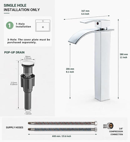 VOTON Vessel Sink Faucet Chrome Modern Tall Waterfall Bathroom Sink Faucet with Pop-Up Drain Single Handle Bathroom Faucet 1 Hole Bowl Lavatory Vanity Faucet, Rv Sink Camper Farmhouse Bathroom Faucet