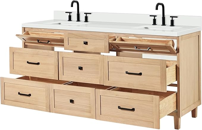 ARIEL Monroe 72-inch Bathroom Vanity with Sink,Solid Wood, 1.5-inch Pure White Quartz Countertop & Backsplash, Double Oval Porcelain Sink, 9 Dovetail Drawers, Matte Black, White Oak