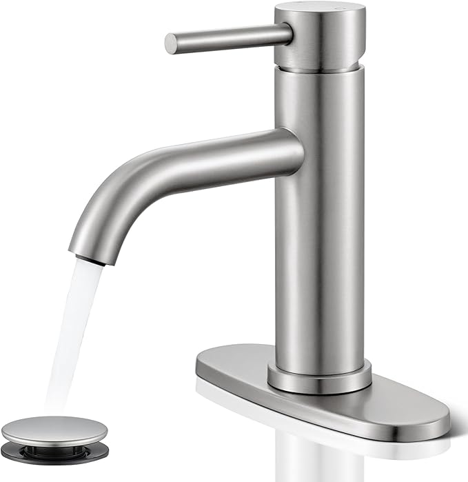Brushed Nickel Bathroom Faucet, WINKEAR Single Hole Bathroom Faucet with Pop-up Drain and Flexible Hoses, Single Handle for Sink, Vanity, RV, Modern Farmhouse
