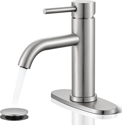 Brushed Nickel Bathroom Faucet, WINKEAR Single Hole Bathroom Faucet with Pop-up Drain and Flexible Hoses, Single Handle for Sink, Vanity, RV, Modern Farmhouse