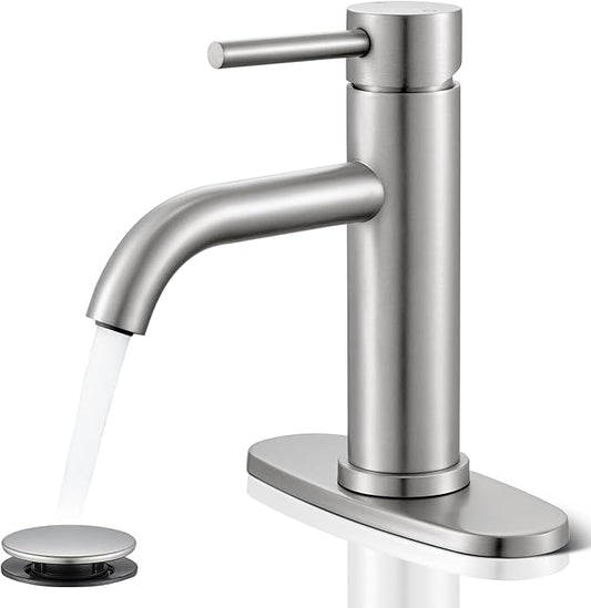 Brushed Nickel Bathroom Faucet, WINKEAR Single Hole Bathroom Faucet with Pop-up Drain and Flexible Hoses, Single Handle for Sink, Vanity, RV, Modern Farmhouse