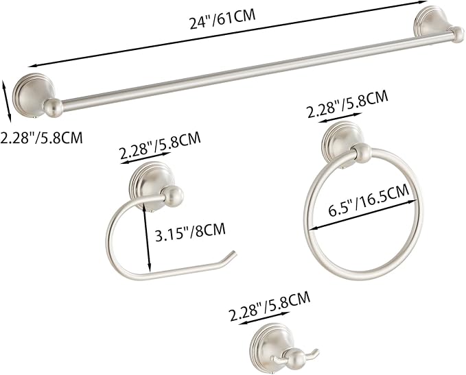 4-Piece Towel Bar Set, 24 Inch Towel Racks for Bathroom Wall Mounted in Brushed Nickel, SUS304 Stainless Steel Complete Bathroom Hardware