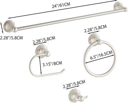 4-Piece Towel Bar Set, 24 Inch Towel Racks for Bathroom Wall Mounted in Brushed Nickel, SUS304 Stainless Steel Complete Bathroom Hardware