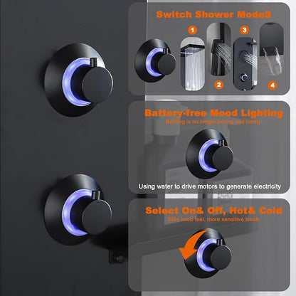 LCD Temperature Display Rainfall Shower Panels Tower System with Storage Shelf, Matte Black LED Light 304 Stainless Steel with Handheld Massage Body Jets Water Waterfall Bathtub