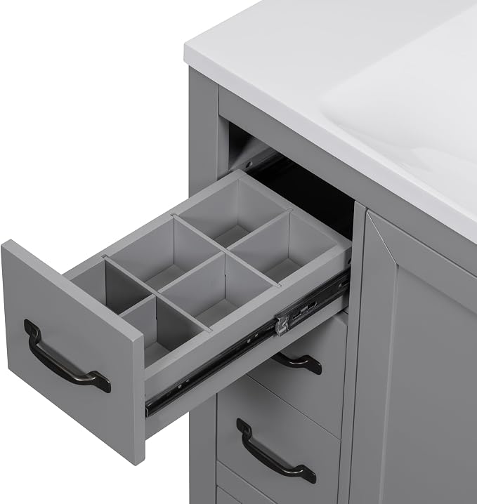 36" Bathroom Vanity Without Top Sink,6-Drawer Freestanding Cabinet Base with Multi-Functional Divider & Adjustable Shelf,Solid Wood MDF Vanity Only, Water Resistant,Grey