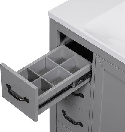 36" Bathroom Vanity Without Top Sink,6-Drawer Freestanding Cabinet Base with Multi-Functional Divider & Adjustable Shelf,Solid Wood MDF Vanity Only, Water Resistant,Grey