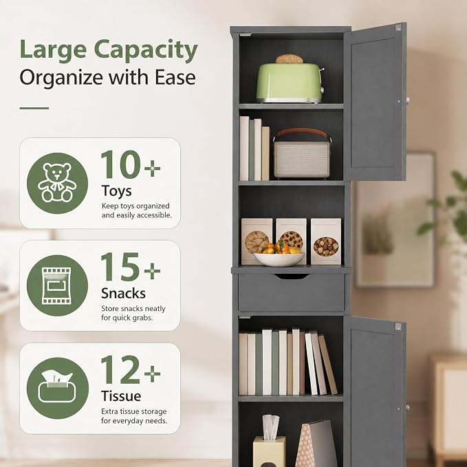 Walsunny Tall Bathroom Storage Cabinet with 6 Adjustable Shelves, Gray | Anti-Tip Safety, Waterproof MDF, 2 Doors + 1 Drawer, Easy Assembly, for Bathroom/Living Room/Kitchen