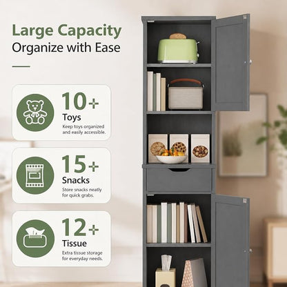 Walsunny Tall Bathroom Storage Cabinet with 6 Adjustable Shelves, Gray | Anti-Tip Safety, Waterproof MDF, 2 Doors + 1 Drawer, Easy Assembly, for Bathroom/Living Room/Kitchen