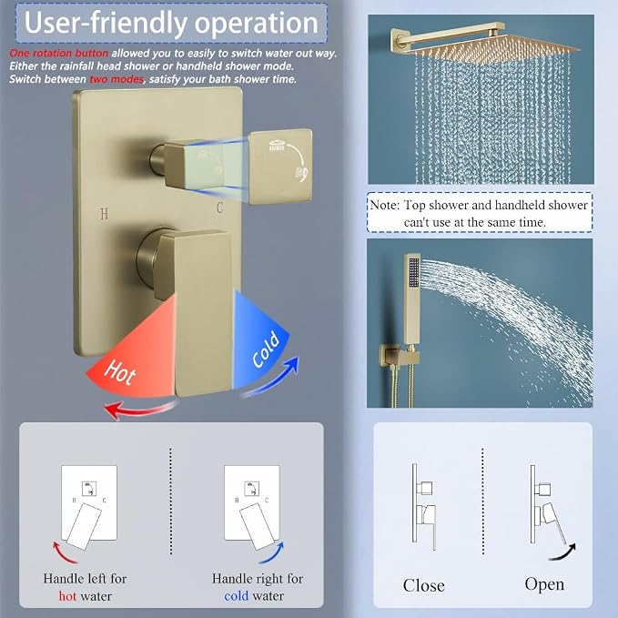 Shower Faucet Set 16 Inch Wall Mount Rain Shower System, All Metal Shower Fixtures - Brushed Gold