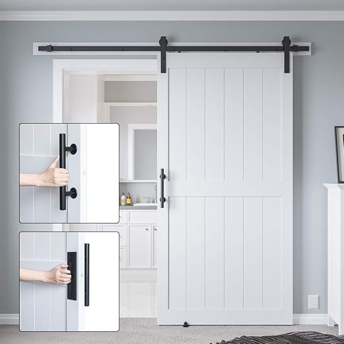42in x 84in MDF Sliding Barn Door with 7ft Barn Door Hardware Kit & Handle | White Solid Barn Door Slab Covered with Water-Proof PVC Surface, Pre-Drilled Holes Easy Assembly, H-Frame