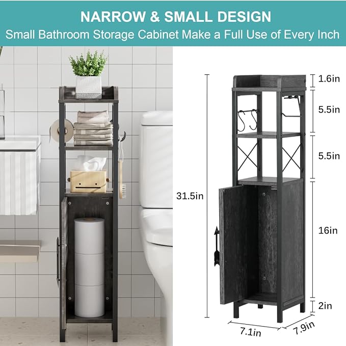 VECELO Small Bathroom Cabinet, Slim Toilet Paper Holder with Magnetic Door&2 Shelves, Narrow Storage Organizer for Bathroom Restroom Tiny Space, Fenced Top Waterproof Board, Coal Grey