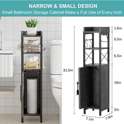 VECELO Small Bathroom Cabinet, Slim Toilet Paper Holder with Magnetic Door&2 Shelves, Narrow Storage Organizer for Bathroom Restroom Tiny Space, Fenced Top Waterproof Board, Coal Grey